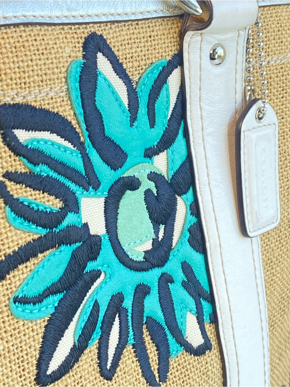 Coach Vintage Rare Floral Bee Woven Straw Gallery Summer Tote Beachbag - Picture 5 of 15